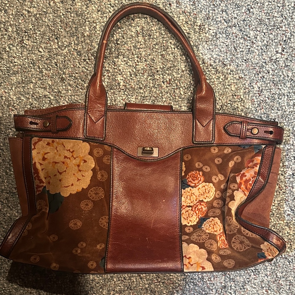 Floral Brown Leather Tote Bag